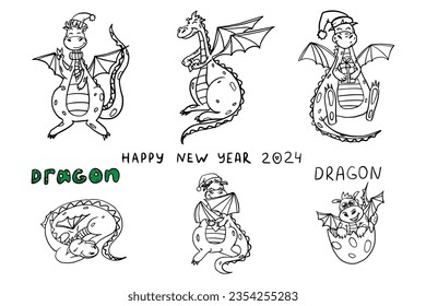 Cute set of dragons in doodle style. Symbol of the New Year 2024. Dino character for children. chinese calendar animal. Great for design, greeting card, playroom.Hand drawn. Vector illustration EPS10