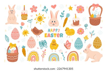 Cute set of Easter design elements with rabbit, eggs, flowers. Vector flat hand drawn illustration is perfect for greeting cards, posters.