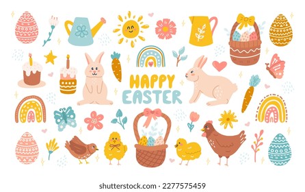 Cute set of Easter design elements with rabbit, eggs, flowers. Vector flat hand drawn illustration is perfect for greeting cards, posters