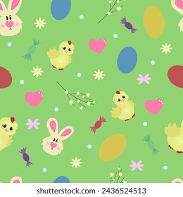 Cute set of Easter design elements with bunny, eggs, flowers. Vector flat illustration ideal for greeting cards, posters. Happy Easter banner,illustration of Easter bunny, beautiful colored eggs, cand