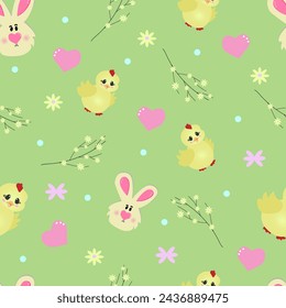 Cute set of Easter design elements with bunny, eggs, flowers. Vector flat illustration ideal for greeting cards, posters. Happy Easter banner,illustration of Easter bunny, beautiful colored eggs, cand