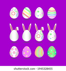 Cute set of Easter eggs with different elements (dotted, striped, with flowers, stars, bunny ears) on isolated purple background, vector illustration