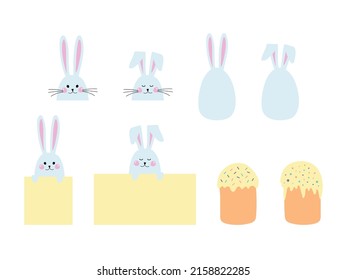 Cute set of Easter elements. Decorative illustrations - eggs, rabbits, Easter bunnies, text templates and sweet Easter cupcakes. Vector holiday festive pastel illustration isolated on white background