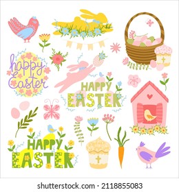 Cute set of Easter elements. Lettering Happy Easter, basket with eggs, flowers, Easter bunny, pastries. Spring designs. Cartoon vector illustration. flat style