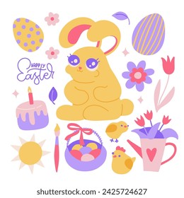 Cute set of Easter elements with rabbit, eggs, flowers, chick. Vector flat hand drawn illustration for greeting cards, posters,ad