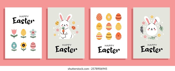 A cute set of easter greeting cards in flat design. Collection perfect for festive invitations, postcards, party posters and banners. Easter eggs, flowers, rabbits and bunnies. Happy Easter concept.