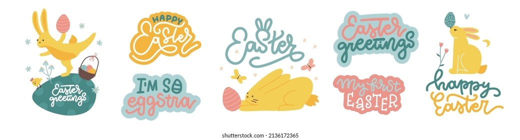Cute set of easter rabbit characters and spring decorative conpositions - bunnies, eggs, lettering quotes isolated on white background. Colorful holidayhad drawn flat vector illustration.
