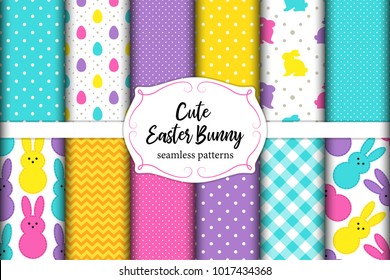 Cute set of Easter seamless patterns design with funny cartoon characters of bunnies