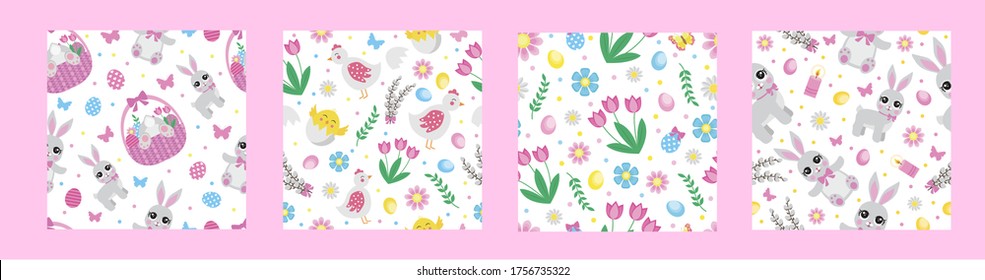 Cute set of Easter seamless patterns with funny cartoon characters and floral elements