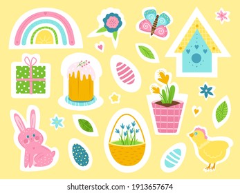 Cute set of Easter spring stickers. Traditional elements. Vector illustration. Delicate colors. Hand drawn style