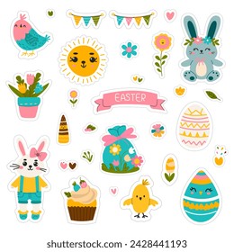 Cute set of Easter stickers. Bunny, sun, egg, bird, chicken, cupcake. Easter elements.