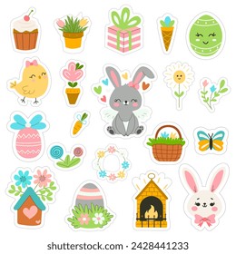 Cute set of Easter stickers. Bunny, cupcake, fireplace, basket, gift, egg, butterfly, ice cream, chicken,. Easter elements.