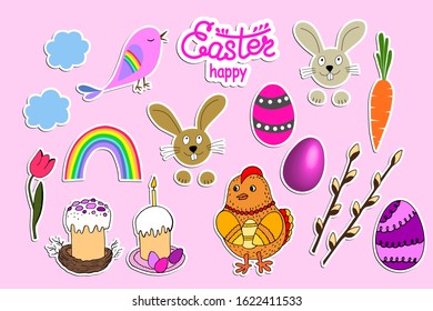 Cute set of Easter stickers. Rabbits, eggs, cake, flowers, bird, hen, willow buds, rainbow, clouds on pink background, Vector cartoon illustration.Hand drawn doodle of Happy Easter template collection