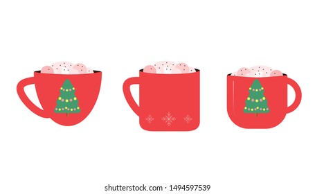Cute set with eight illustration of mugs with hot cocoa or coffee, cream. Greeting stylish collections. Winter coffee and tea. Warm wishes.
