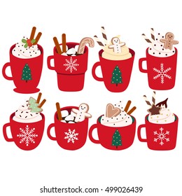 cute set with eight illustration of mugs with hot cocoa or coffee, cream, ginger cookies on white background. can be used for greeting cards, party invitations, posters or like stickers