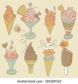 Cute set of eight tasty ice-creams. 