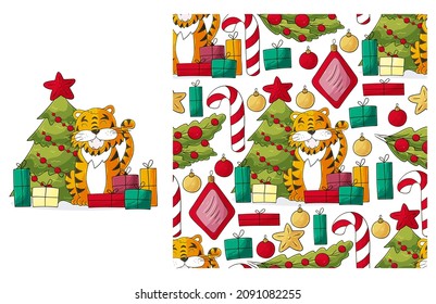 Cute Set of element and seamless pattern. Ideal for children's clothing