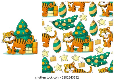 Cute Set of element and seamless pattern. Ideal for children's clothing