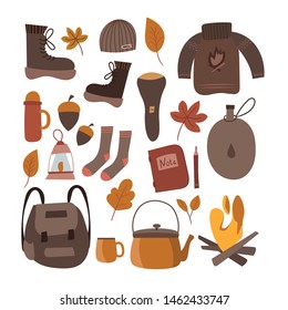 Cute set of elements for autumn hike isolated on white background. For a festive holiday in nature. Scandinavian flat style. Vector.