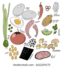 Cute set of elements for creating different asian noodle ramen styles.  Perfect for restaurant menu.