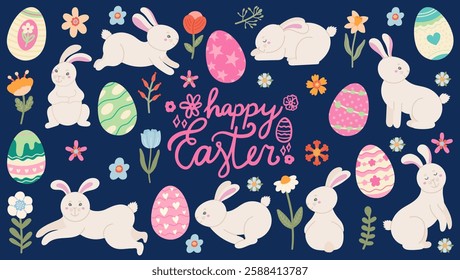 Cute set of elements for Easter celebration, cute clipart of festive Easter bunnies with colorful eggs, plants and flowers, flat illustration bright