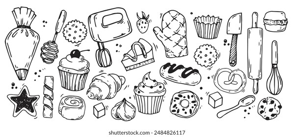 cute set of elements on the theme of baking, confectionery. doodle illustration with desserts, cakes and cooking tools