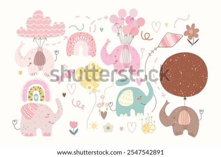 Cute set with elephants, baloons, kites, rainbows, flowers, hearts, clouds and different abstract figure. Kids set with animals for birthday party, baby shower.
