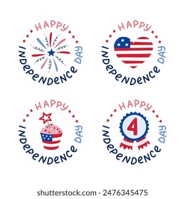 Cute set of emblems with lettering and cartoon national symbols of USA Independence day. Cute firework, star badge, heart, cupcake in American flag colors. Hand drawn patriotic signs for 4th July.