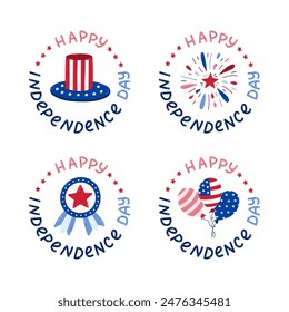 Cute set of emblems with lettering and cartoon national symbols of USA Independence day. Cute firework, Uncle Sam hat, badge, balloon in American flag colors. Hand drawn patriotic signs for 4th July.