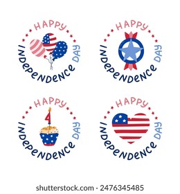 Cute set of emblems with lettering and cartoon national symbols of USA Independence day. Cute firework, star badge, heart, cupcake in American flag colors. Hand drawn patriotic signs for 4th July.
