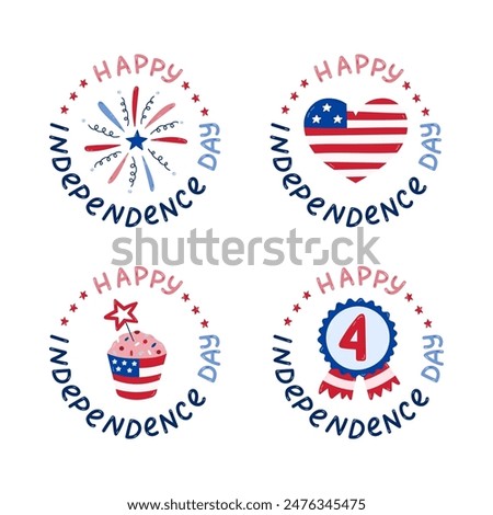 Cute set of emblems with lettering and cartoon national symbols of USA Independence day. Cute firework, star badge, heart, cupcake in American flag colors. Hand drawn patriotic signs for 4th July.