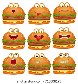 Cute set of emoji cartoon burger character. Vector illustration