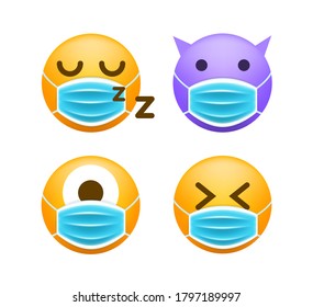 Conjunto de emoticonos con máscara facial sobre fondo blanco. Ilustración de vectores aislados 