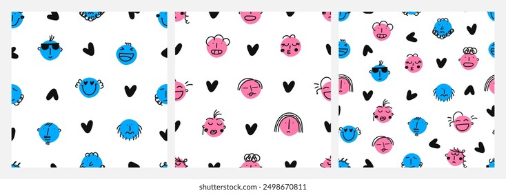 Lindo conjunto de patrón de emoticonos. estilo de arte naive de dibujos animados. Plantilla para las cubiertas del cuaderno, modelo para los Fondos de pantalla, materia textil. Arte vectorial dibujado a mano. fondo divertido del arte con las caras. Repetir patrón con caras
