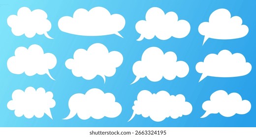 Lindo conjunto de burbujas de discurso blanco vacío en Formas de nubes y estilo de dibujos animados. Burbujas de discurso de Vector para diálogos de cómics, chats, mensajes, pensamientos o diseño de arte pop.