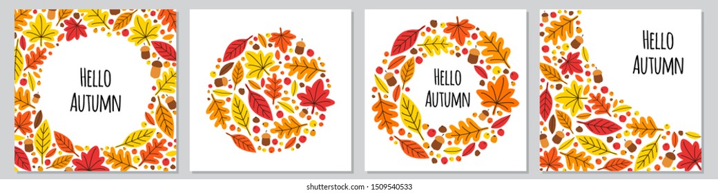 Cute set of eye catching bright botanical Autumn Leaves backgrounds in traditional colors, can be used for shopping sale or promo poster and frame leaflet or web banner