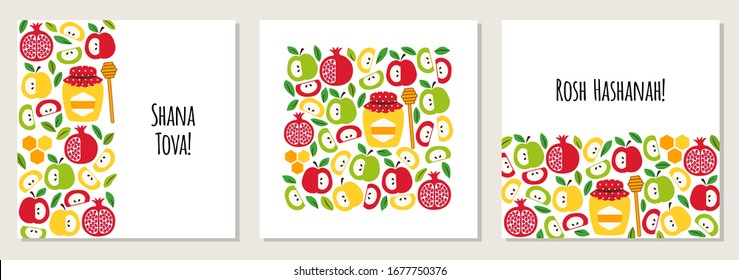 Cute set of eye catching greeting banner backgrounds with symbols of Jewish New Year holiday Rosh Hashana, Shana Tova