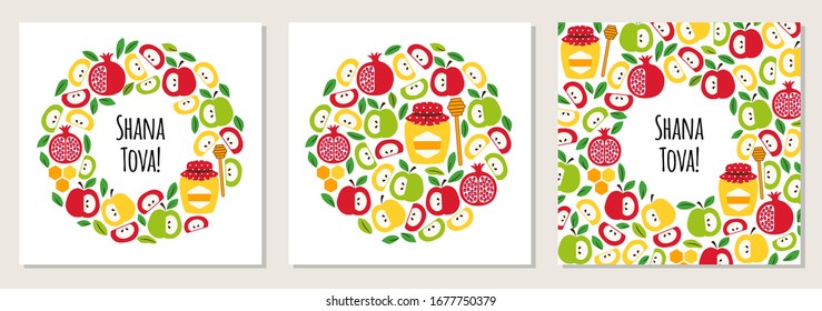 Cute set of eye catching greeting banner backgrounds with symbols of Jewish New Year holiday Rosh Hashana, Shana Tova