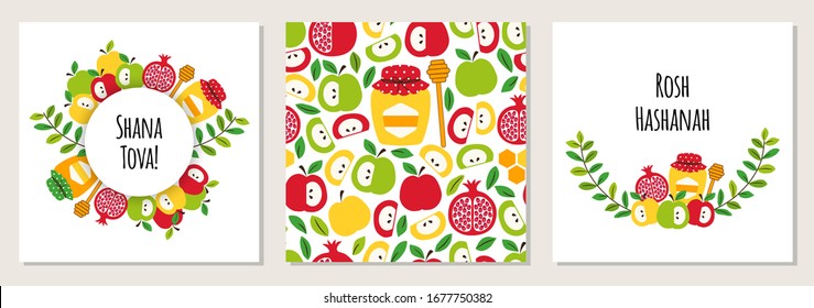 Cute set of eye catching greeting banner backgrounds with symbols of Jewish New Year holiday Rosh Hashana, Shana Tova