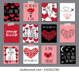 Cute set of eye catching retro primitive Valentines Day cards, vector illustration in flat design style