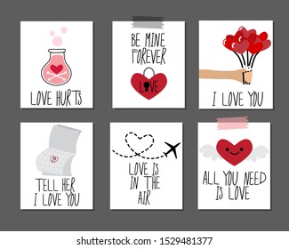 Cute set of eye catching retro primitive Valentines Day cards, vector illustration in flat design style