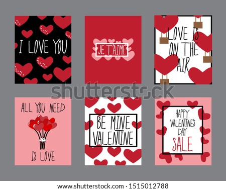 Cute set of eye catching retro primitive Valentines Day cards, vector illustration in flat design style