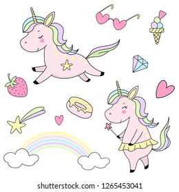 cute set of fabulous unicorns with doodles