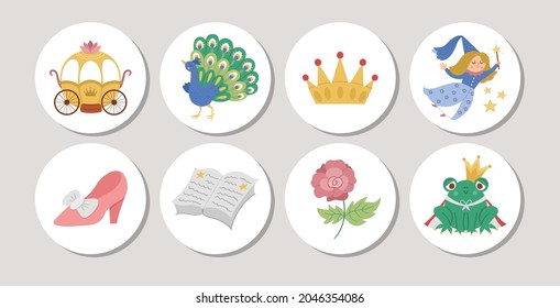 Cute set of Fairytale round cards with princess objects. Vector fairy tale highlight icons collection with shoe, carriage, peacock, storybook, frog prince. Fantasy design for tags, ads, social media
