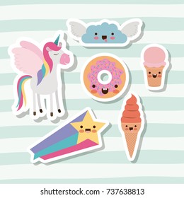 cute set fantasy elements unicorn cloud with wings star and donut and ice cream cone with lines colorful background vector illustration