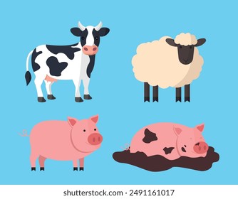 Cute set of farm animals on blue background. Cow, pigs, sheep. Vector illustration.