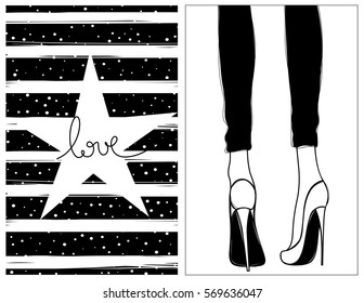 Cute set with fashion cards. Vector kit for fashionable design. Illustration with stylish girl in high heels. Female legs in shoes. Trendy design in vogue style. Love lettering.