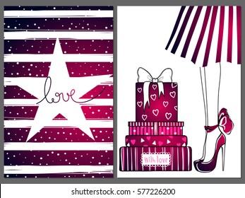 Cute set with fashion cards.Vector kit for fashionable design. Illustration with stylish girl in high heels, gift boxes and presents.Female legs in shoes. Trendy design in vogue style. Love lettering.