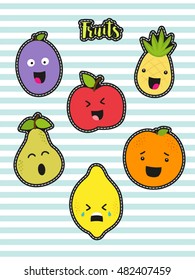 Cute set of fashion patches with cartoon characters of fruits on trendy striped background