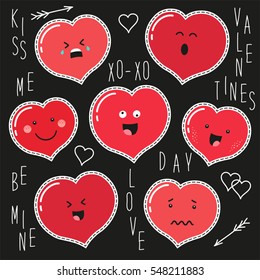 Cute set of fashion patches with cartoon characters of hearts on trendy striped background